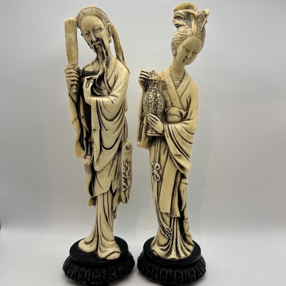 Vintage Pair Italian Carved Resin Chinese Figurines 11" Immortal Man Woman Cream